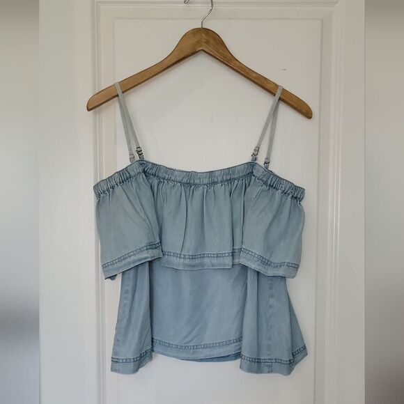 Free People Light Blue Chambray  Denim Crop Tank Off Shoulder Ruffle Top Small - Picture 5 of 16